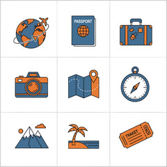 Travel themed objects arranged on white surface representing vacation planning and wanderlust, evoking sense of adventure and exploration.