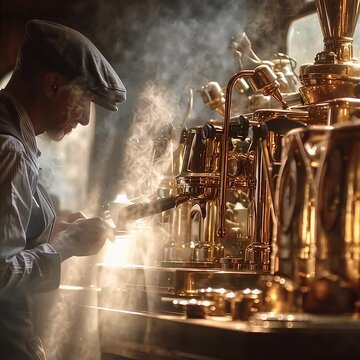 Man in cap operating vintage espresso machine with steam in dim lighting