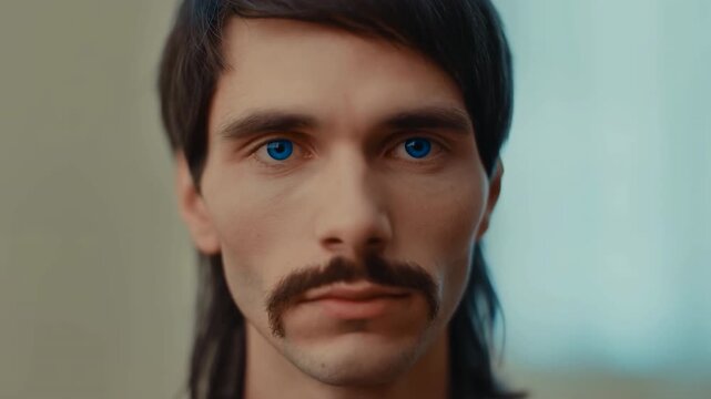 Intense blue eyed man with a mullet staring at the camera
