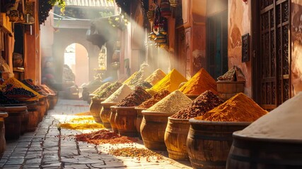 Vibrant Spice Market Scene - A Journey Through Moroccan Flavors.