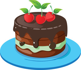 Delicious chocolate cake topped with vibrant cherries on a blue plate