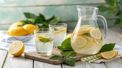 Refreshing homemade lemonade with fresh lemons and mint served in a glass pitcher and glasses on rustic wooden table a perfect summer drink