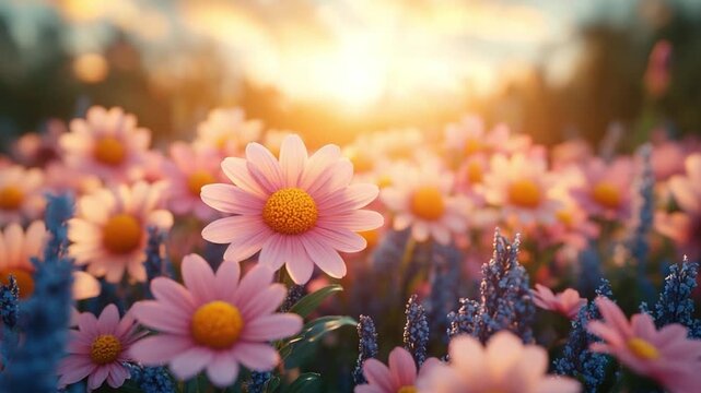 Floral Sunrise: A breathtaking expanse of delicate, light pink flowers basking in the warm glow of the rising sun, creating a serene and captivating scene.