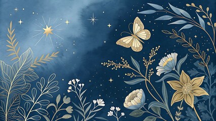 Watercolor Night Garden with Stars and Butterfly Illustration for Backgrounds and Designs