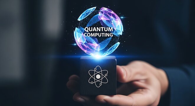 Hand holding quantum computing cube with glowing atom symbol representing future technology and innovation in a modern and futuristic style.