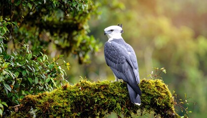 Magnificent harpy eagle perched gracefully on a moss-covered branch amidst foliage