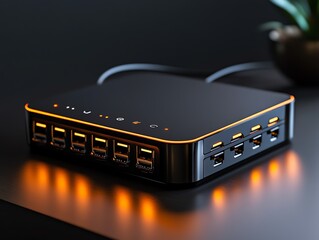 A home network firewall device with a sleek design and glowing status lights