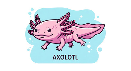 Illustration of a pink axolotl with feathery gills swimming in a light blue, bubbly water environment.