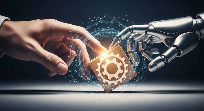 Human hand and robotic arm interact with a glowing gear cube in a dark, futuristic setting, symbolizing technological advancement and collaboration. - Powered by Adobe
