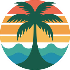 Tropical Palm Tree Sunset Silhouette Vintage Style Ocean Waves Circle Graphic