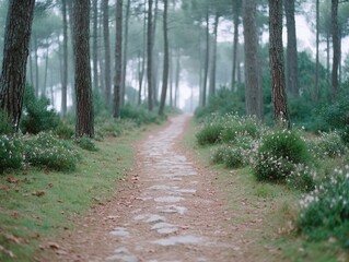 Fototapeta premium Tranquil Forest Path Lined With Pine Trees And Small White Flowers on a Foggy Day