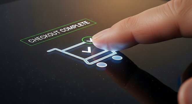 Finger taps checkout complete button on tablet screen, finalizing online purchase in modern, convenient way.