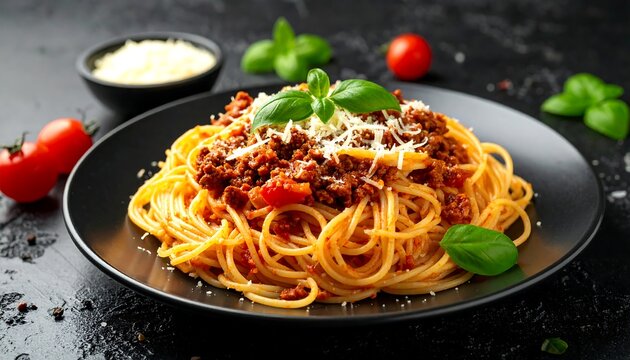 A plate of spaghetti with meat sauce, cheese, basil, and tomatoes - Powered by Adobe