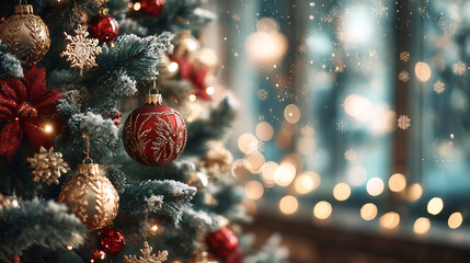 Elegant Christmas Composition with Pine Branches Golden and red Baubles, Horizontal Banner, Copy Space, space for text