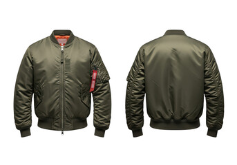 Olive green bomber jacket front and back view isolated on transparent background