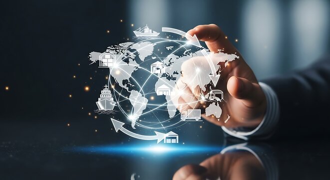 Hand holding digital globe with network connections representing global logistics and supply chain management in a modern, interconnected world. - Powered by Adobe