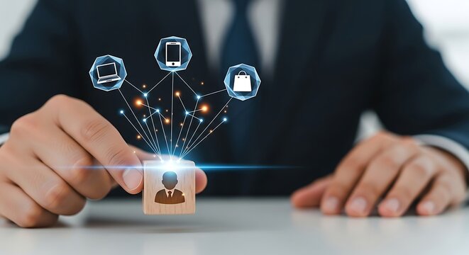 Businessman connecting wooden cube with online shopping, laptop, and smartphone symbols in modern office, symbolizing digital commerce and connectivity.