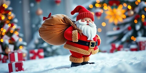 Naklejka premium Jolly red-suited figure with sack, festive background, element, holiday