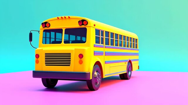 Vibrant Yellow School Bus with Colorful Stripes on a Bright Pink and Blue Background.