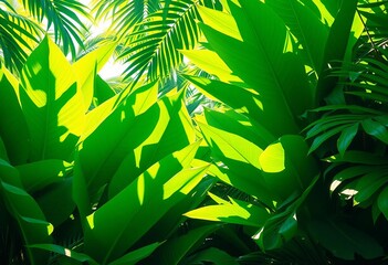 Lush green tropical leaves, vibrant, sunlight dappled,  palm,  bird of paradise