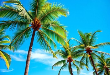 Lush tropical palm trees sway gently in a warm breeze against a vivid blue sky, tropical, palm trees