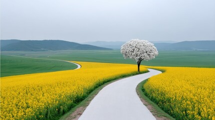 Vibrant yellow rapeseed field in bloom under a hazy sky with a winding white path leading to a solitary tree adorned with white blossoms in the distance
