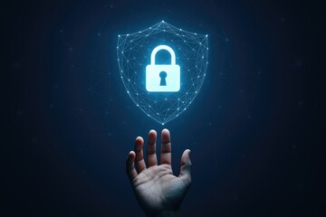 Digital network security shield with glowing padlock over open hand