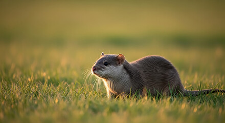 Fototapeta premium A Eurasian otter sits alert in a grassy field, illuminated by golden sunlight, looking towards the left.