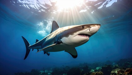Obraz premium Majestic Great White Shark Encounter: Sunlight Filtering Through the Azure Depths