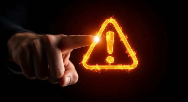 Glowing warning sign appears as a fiery hologram with a finger about to touch it in a dark environment, conveying a sense of danger and urgency.
