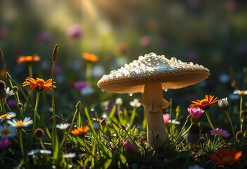 Sun-dappled mushroom amongst wildflowers, dew drops glistening,  illustration,  autumn