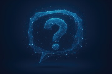 Glowing digital question mark within a data network chat bubble, query, search, technology concept