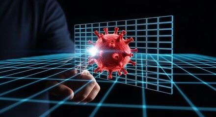 Hand interacting with digital representation of virus on futuristic grid interface, symbolizing technological response to pandemic, hopeful and innovative.