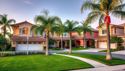 Fototapeta premium Upscale Costa Mesa homes, palm trees, and manicured lawns, real estate, neighborhood living