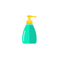 Turquoise bottle with yellow pump dispenses soap on white surface, promoting hygiene and cleanliness in a minimalist style.