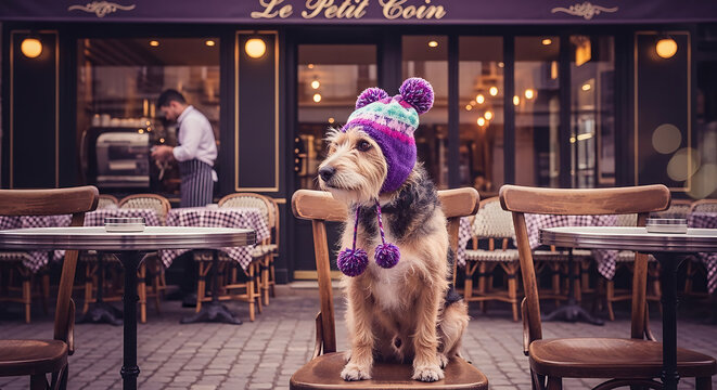 A dog wearing a colorful knit hat with pom-poms sits on a chair outside a Parisian cafe called "Le Petit Coin," with a waiter visible in the background.