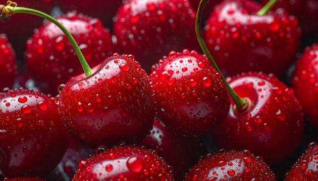 Close-up of fresh, shiny, red fruit covered in tiny water droplets