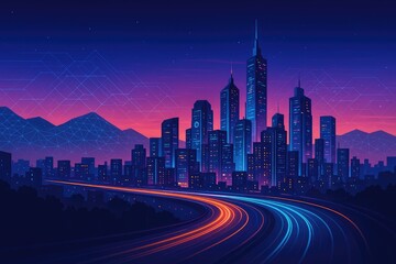 Fototapeta premium Neon cityscape at dusk with light trails and futuristic geometric patterns, metropolis, urban night