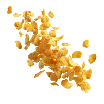 A delicious cascade of golden corn breakfast cereal flakes in motion