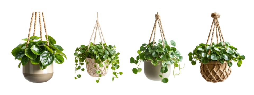 Four hanging plants in pots cutout transparent png set - Powered by Adobe