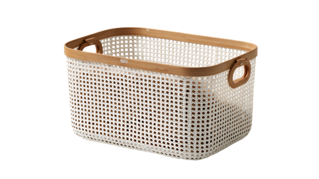 Rectangular white plastic storage basket isolated on transparent background
