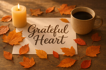 Grateful Heart’ quote in cozy autumn theme with falling leaves, candles, and warm coffee cup, rustic table setting under soft sunlight