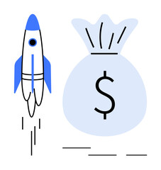 Rocket taking off beside a money bag with a dollar sign, representing investment, business growth, or startup launch. Ideal for finance, innovation, entrepreneurship, success, economy funding
