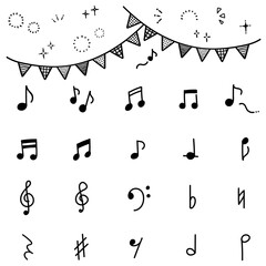 Hand Drawn Music Notes and Symbols Set with Garland and Sparkles on Transparent Background