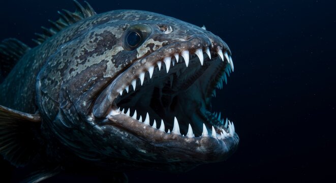 Underwater portrait showcasing the formidable teeth of a lingcod fish