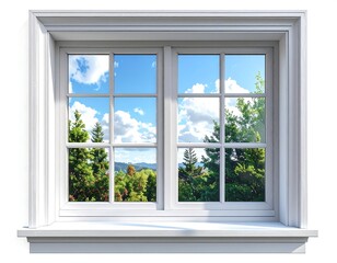 A classic window frame revealing a vibrant, sunlit outdoor scene