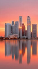 Obraz premium Vibrant Twilight Cityscape With Illuminated Skyline Reflected In Calm Water Under A Fiery Orange Sky