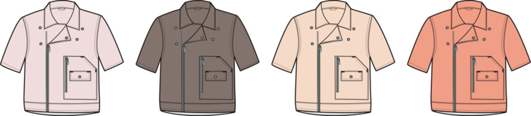Collection of stylized fashion illustrations featuring various short-sleeved collared shirts in a range of subtle colors