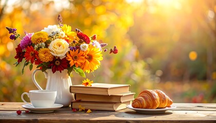 Colorful bouquet, books, croissant, and coffee on a sunlit wooden table
