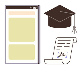 Smartphone interface, graduation cap, and signed certificate representing online learning, e-certification, academic progress. Ideal for education, technology, online courses, e-learning